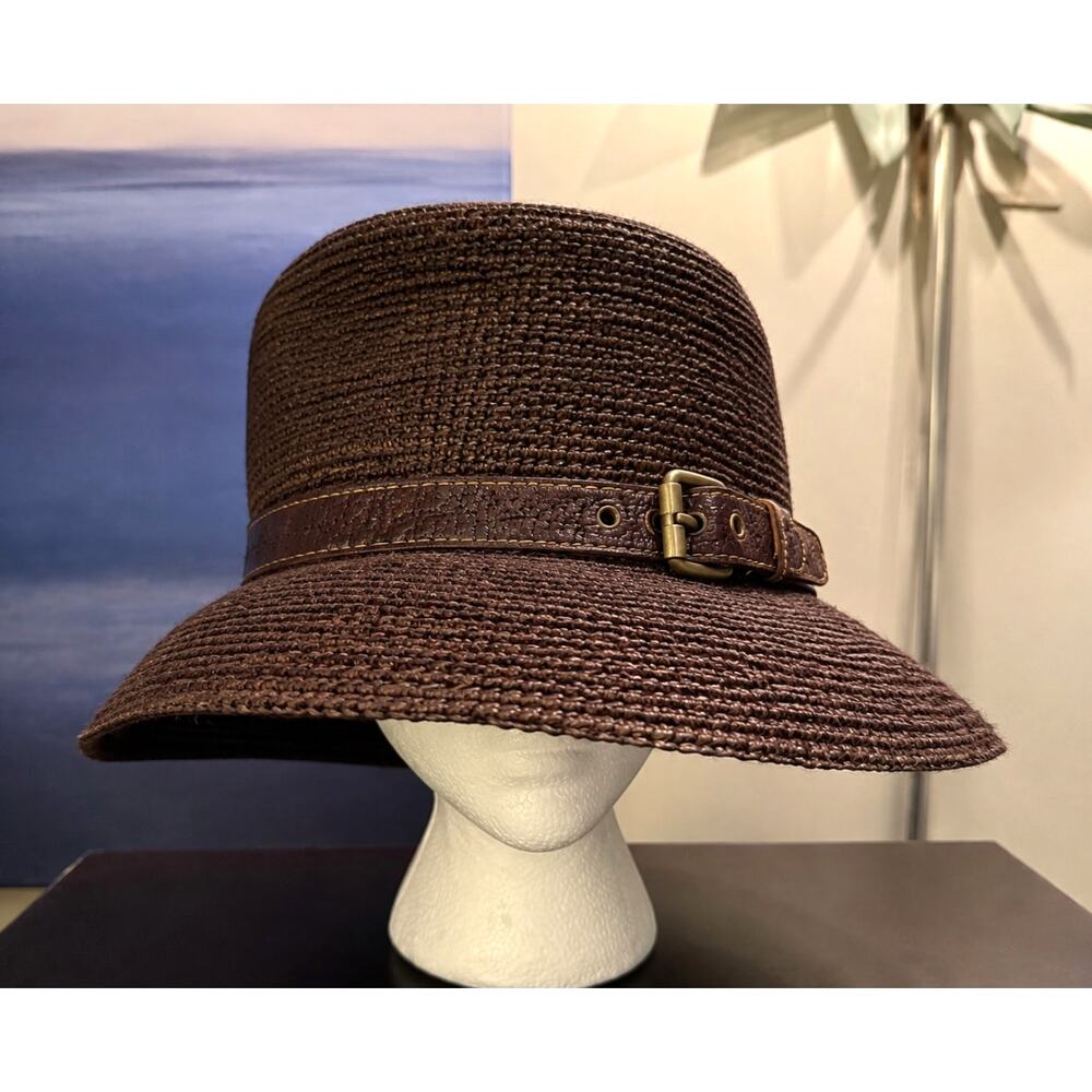 Eric Javits Brown Woven Cloche Hat Leather Buckle Wide Brim Designer Womens - Picture 2 of 9